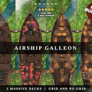 May include: Overhead view of an airship galleon battle map with five decks. The map features detailed interior layouts, including cabins and cargo areas. The image includes the text "AIRSHIP GALLEON" and "5 MASSIVE DECKS | GRID AND NO GRID".