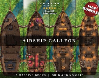 May include: Overhead view of an airship galleon battle map with five decks. The map features detailed interior layouts, including cabins and cargo areas. The image includes the text "AIRSHIP GALLEON" and "5 MASSIVE DECKS | GRID AND NO GRID".