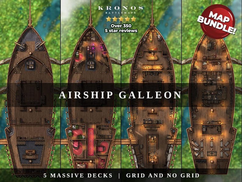 K&ouml;nnte beinhalten: Draufsicht einer Luftschiff-Galeonen-Kampfkarte mit f&uuml;nf Decks. Die Karte zeigt detaillierte Innenlayouts, einschlie&szlig;lich Kabinen und Frachtbereiche. Der Text "AIRSHIP GALLEON" und "5 MASSIVE DECKS | GRID AND NO GRID" ist enthalten.