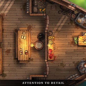 K&ouml;nnte beinhalten: Draufsicht auf ein Schiffsinnere aus Holz, mit Tischen mit Essen und Utensilien, einem Kochbereich mit T&ouml;pfen und Pfannen und dem Text "ATTENTION TO DETAIL". Die Szene ist detailliert und k&ouml;nnte ein Spielbrett sein.