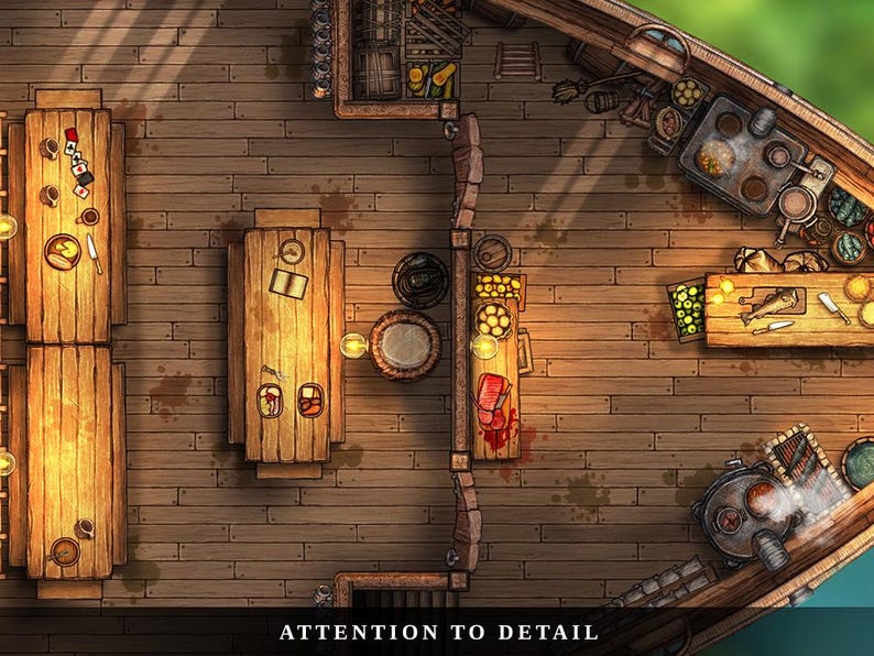 K&ouml;nnte beinhalten: Draufsicht auf ein Schiffsinnere aus Holz, mit Tischen mit Essen und Utensilien, einem Kochbereich mit T&ouml;pfen und Pfannen und dem Text "ATTENTION TO DETAIL". Die Szene ist detailliert und k&ouml;nnte ein Spielbrett sein.
