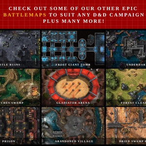 K&ouml;nnte beinhalten: Ein Raster von neun detaillierten Fantasy-Kampfkarten f&uuml;r D&D-Kampagnen. Die Karten zeigen Orte wie Castle Ruins, Frost Giant Tomb, Underdark, Witches Swamp, Gladiator Arena, Forest Clearing, Prison, Abandoned Village und Dried Swamp Ruins. Text: CHECK OUT SOME OF OUR OTHER EPIC BATTLEMAPS TO SUIT ANY D&D CAMPAIGN PLUS MANY MORE!