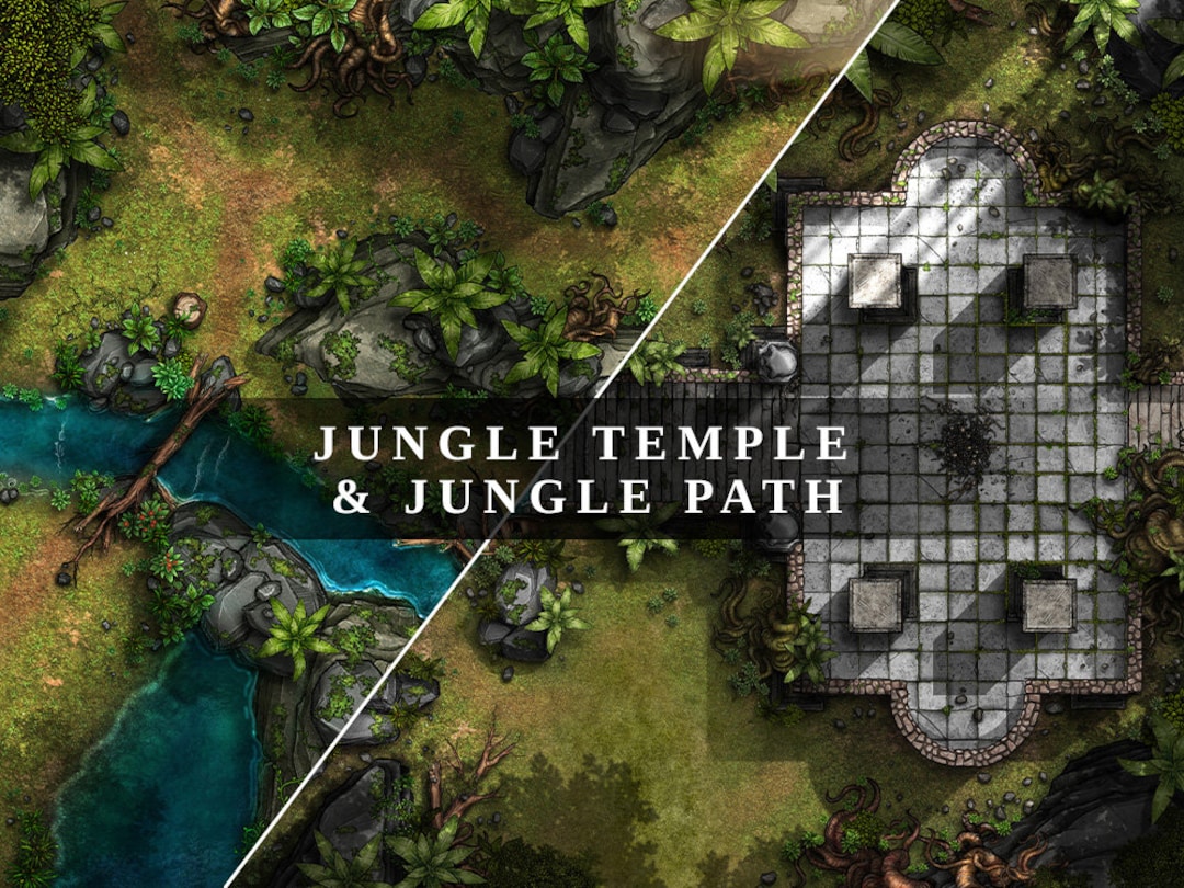 X2 Jungle Temple & Jungle Path Digital Battlemap, Dnd Battle Map