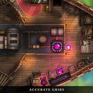 K&ouml;nnte beinhalten: Draufsicht auf ein Fantasy-Schiffsinnere mit Holzplanken, Maschinen und Kisten. Ein gro&szlig;er, leuchtender lila Edelstein ist ein Blickfang. Der Text "ACCURATE GRIDS" befindet sich unten im Bild.