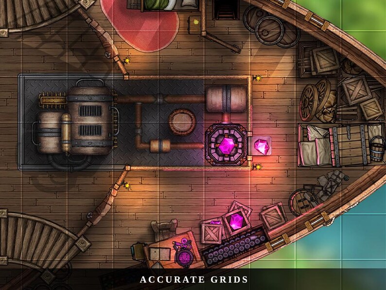 K&ouml;nnte beinhalten: Draufsicht auf ein Fantasy-Schiffsinnere mit Holzplanken, Maschinen und Kisten. Ein gro&szlig;er, leuchtender lila Edelstein ist ein Blickfang. Der Text "ACCURATE GRIDS" befindet sich unten im Bild.