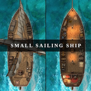 May include: Overhead illustration of a small sailing ship, with the text "SMALL SAILING SHIP". The ship is brown with white sails, set against blue water. The deck is detailed with various objects.