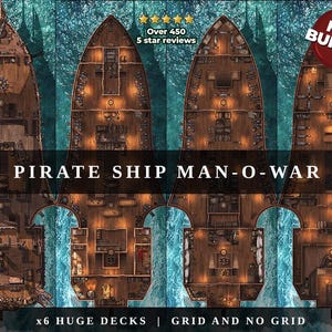 May include: An overhead illustration of a pirate ship, labelled "PIRATE SHIP MAN-O-WAR." The image shows six decks with interior layouts, including cabins and cargo areas. Text indicates "x6 HUGE DECKS | GRID AND NO GRID" and "MAP BUNDLE!"