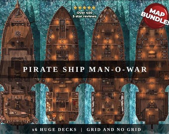May include: A detailed overhead illustration of a pirate ship, labeled "PIRATE SHIP MAN-O-WAR." The image shows six decks with interior layouts, including cabins and cargo areas. Text indicates "x6 HUGE DECKS | GRID AND NO GRID" and "MAP BUNDLE!"
