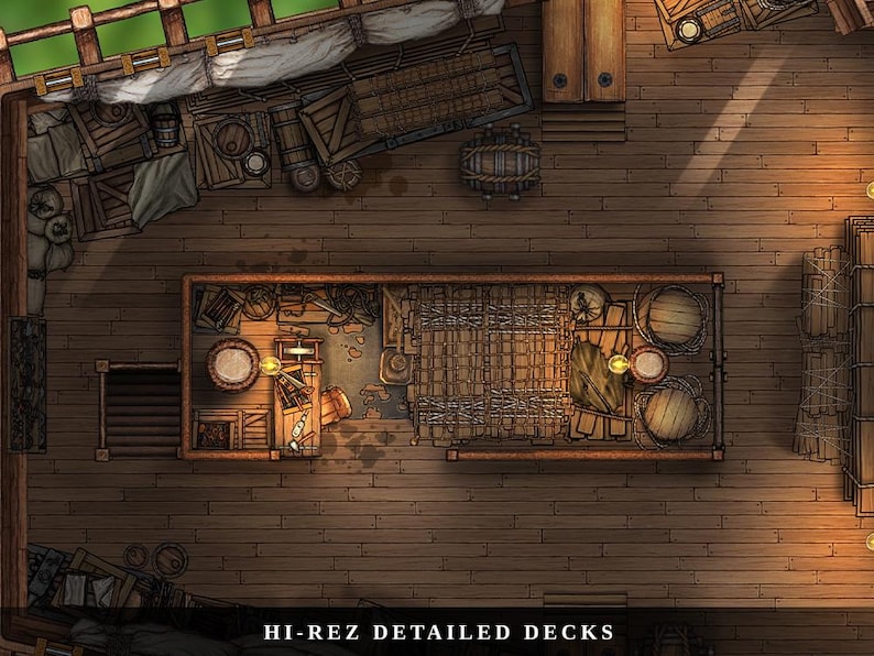 K&ouml;nnte beinhalten: Detaillierte Draufsicht auf ein Schiffsdeck aus Holz, mit verschiedenen Kisten, F&auml;ssern und einer zentralen Struktur mit Innendetails. Das Deck wird von warmem Licht beleuchtet. Der Text unten lautet "HI-REZ DETAILED DECKS".