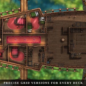 K&ouml;nnte beinhalten: Detaillierte Fantasy-Schiffdeckkarte von oben. Die Karte zeigt R&auml;ume mit Betten, Teppichen und M&ouml;beln. Der Text unten lautet "PRECISE GRID VERSIONS FOR EVERY DECK". Das Deck besteht aus Holz und hat einen gr&uuml;nen Hintergrund.