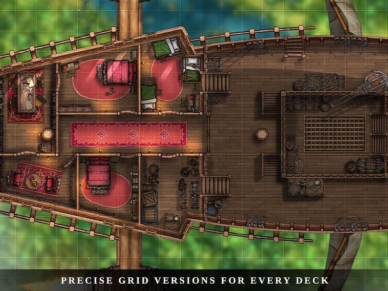 K&ouml;nnte beinhalten: Detaillierte Fantasy-Schiffdeckkarte von oben. Die Karte zeigt R&auml;ume mit Betten, Teppichen und M&ouml;beln. Der Text unten lautet "PRECISE GRID VERSIONS FOR EVERY DECK". Das Deck besteht aus Holz und hat einen gr&uuml;nen Hintergrund.