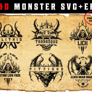 Dungeons and Dragons Monster Logo Embleme, D&D, SVG PNG EPS Jpeg Bilder, D20, Monster Symbole, Tarrasque SVG, Drachen SVG, Mindflayer SVG