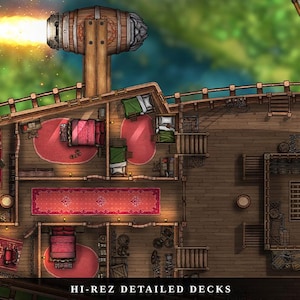 K&ouml;nnte beinhalten: Detaillierte Illustration eines Schiffsdecks mit Kabinen, Betten, Teppichen und M&ouml;beln. Eine gro&szlig;e Kanone feuert einen hellorangen Schuss ab. Der Text "HI-REZ DETAILED DECKS" befindet sich unten. Das Schiff hat ein Holzdeck und ein Segel.