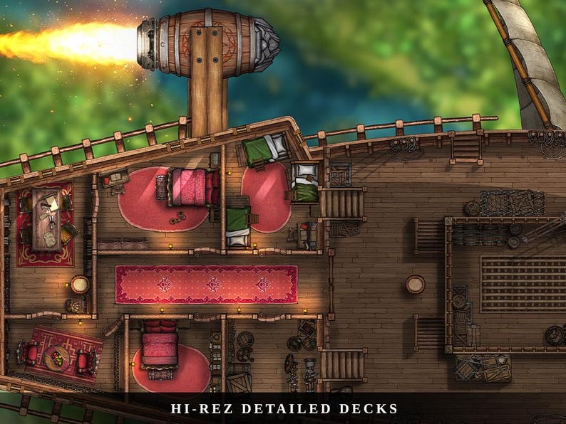 K&ouml;nnte beinhalten: Detaillierte Illustration eines Schiffsdecks mit Kabinen, Betten, Teppichen und M&ouml;beln. Eine gro&szlig;e Kanone feuert einen hellorangen Schuss ab. Der Text "HI-REZ DETAILED DECKS" befindet sich unten. Das Schiff hat ein Holzdeck und ein Segel.