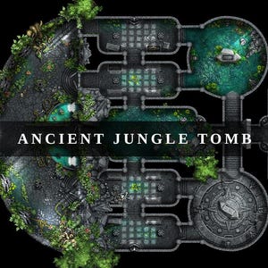 May include: An overhead map of an "Ancient Jungle Tomb". The map shows a detailed layout of a tomb with multiple chambers, waterways, and vegetation. The text "ANCIENT JUNGLE TOMB" is displayed across the center of the map.