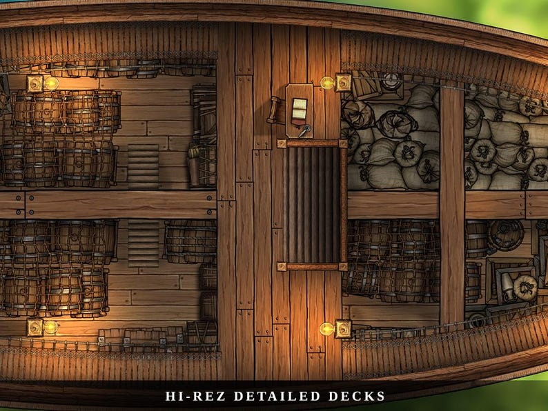 K&ouml;nnte beinhalten: Ansicht von oben eines detaillierten Holzschiffdecks mit mehreren Ebenen, die mit F&auml;ssern, S&auml;cken und Kisten gef&uuml;llt sind. Das Deck wird von kleinen, warmen Lichtern beleuchtet. Der Text "HI-REZ DETAILED DECKS" befindet sich unten.