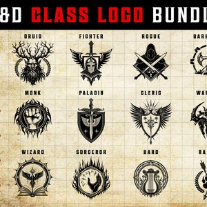 Dungeons and Dragons klasse logo-emblemen, D&D-symbolen, SVG PNG EPS JPEG-afbeeldingen, D20, klassesymbolen, Barbarian svg, wizard svg, vechter svg