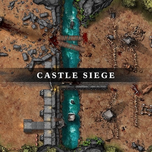May include: A digital illustration of a castle siege scene. The scene depicts a river running through the middle of the image, with a bridge over the river. The bridge is broken and there are rocks and debris scattered around the bridge. There are also some wooden structures on the right side of the image, which appear to be siege weapons. The text "CASTLE SIEGE" is written across the top of the image.