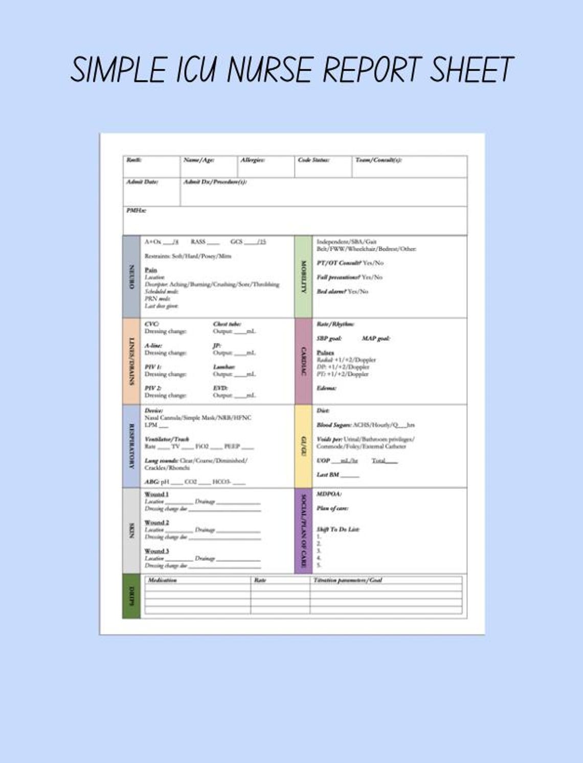 Simple ICU Nurse Report Sheet | Printable | Drips and Titration Tracker ...