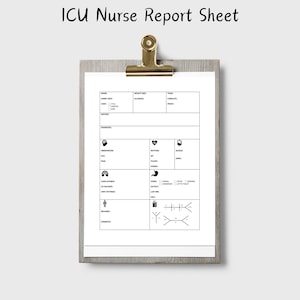 May include: A black and white printable ICU nurse report sheet with icons for vital signs, medications, and other patient information. The sheet includes sections for patient name, admission date, diagnosis, and more.
