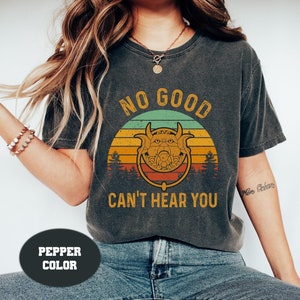 May include: A gray t-shirt with a vintage-style graphic of a gargoyle door knocker with the text "NO GOOD CAN'T HEAR YOU".