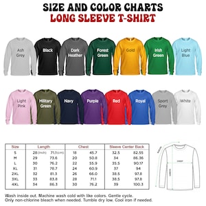 May include: Size and color chart for long-sleeve t-shirts. The chart shows 14 different colors and the corresponding measurements for each size, from S to 4XL. The measurements are in inches and centimeters for length, chest, and sleeve center back.