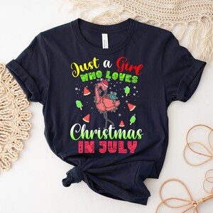 Just A Girl Who Loves Christmas In July Shirt, Christmas Flamingo Shirt, Family Summer Shirt, Tropical Christmas In July Tee, Beach Vibes