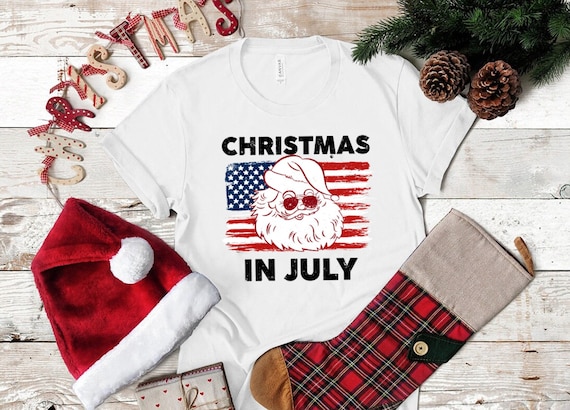 Christmas in July Shirt, US Flag Christmas in July Tshirts,Summer Holiday Santa Claus Shirt, USA Family Summer Vacation Tee, Patriotic Gift