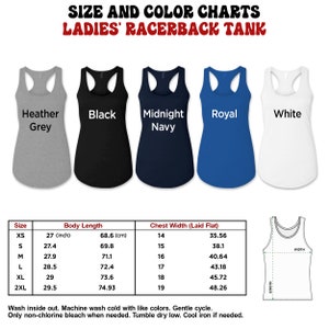 May include: Size and color chart for racerback tank tops. The chart shows the measurements in inches and centimeters for different sizes, including XS, S, M, L, XL, and 2XL. The colors available are Heather Grey, Black, Midnight Navy, Royal, and White.