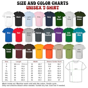May include: Size and color chart for unisex t-shirts. The chart shows 20 different colors of t-shirts, with measurements for length, width, and sleeve center back in inches and centimeters. Sizes range from S to 5XL.
