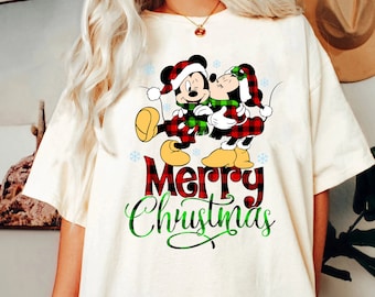 Comfort Colors Minnie Mickey Merry Christmas Shirt, Christmas Mickey And Minnie Plaid Shirt, Disney Christmas Shirt ,Christmas Family Shirt