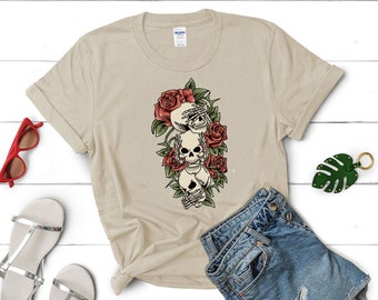 Skull and Flower Halloween T-Shirt, Vintage Skeleton Tee