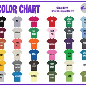 May include: Color chart showing 36 different t-shirt colors available in Gildan 5000 unisex heavy cotton tee.  Colors include black, ash, heliconia, red, antique irish green, light blue, maroon, ice grey, turf green, light pink, dark heather, carolina blue, antique orange, coral silk, orange, cardinal, purple, tweed, daisy, sand, royal, azalea, irish green, antique sapphire, gold, graphite heather, dark chocolate, forest green, natural, white, sport grey, sapphire, cornsilk, lime, kiwi, and military green.