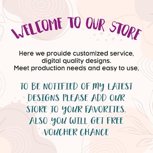 May include: A pink and white abstract background with a teal text overlay. The text reads "WELCOME TO OUR STORE" and includes information about getting notified of new designs and a free voucher chance.