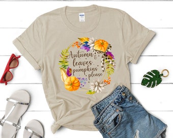 Autumn Leaves Pumpkins Please T-Shirt, Retro Fall Floral Shirt