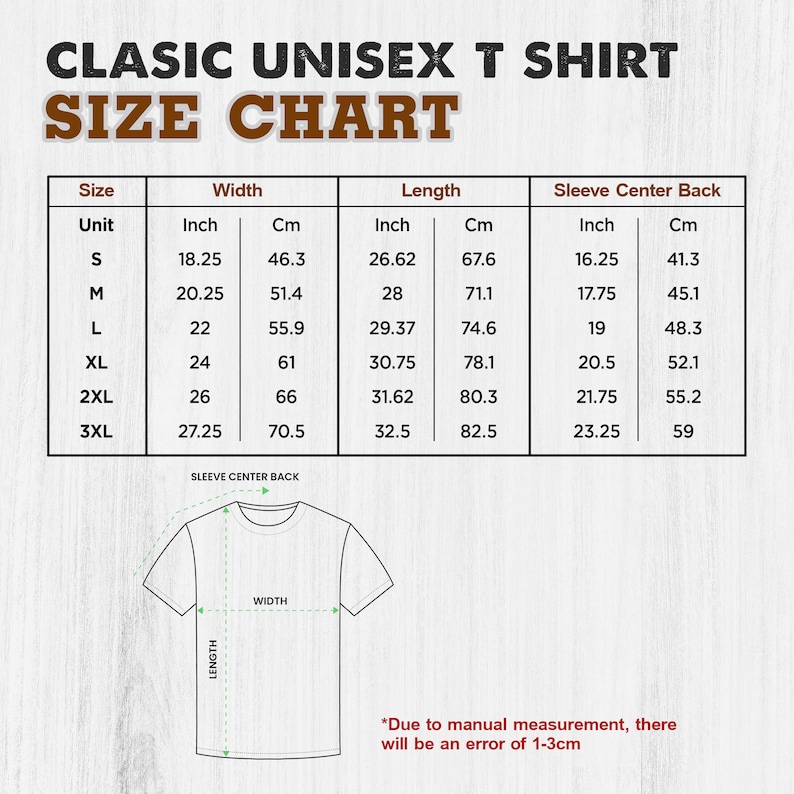 Pu&ograve; includere: Una tabella delle taglie per una classica t-shirt unisex, con misure in pollici e centimetri. La tabella include le taglie dalla S alla 3XL, che dettagliano larghezza, lunghezza e misure del centro manica posteriore. Un diagramma illustra i punti di misurazione. Testo in basso: "A causa della misurazione manuale, ci sar&agrave; un errore di 1-3 cm."