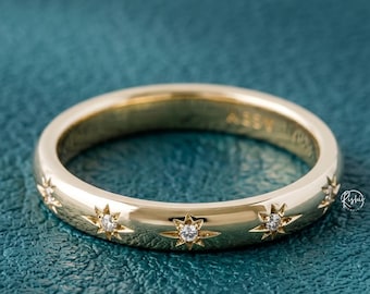 14k Solid Gold Diamond Starburst Wedding Band, Dainty Celestial Setting Anniversary Ring, Perfect Gift for Her