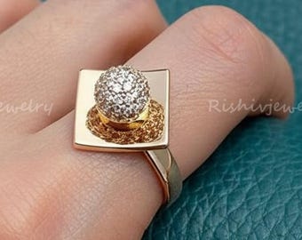 Round Cut Pavé Moissanite Diamond Statement Ring in Solid Gold | Modern Geometric Ring | Unique Gift for Her | Valentine Gift