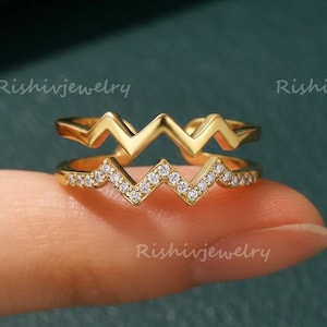 14K Solid Gold Zigzag Double Band Ring, Moissanite Chevron Stacking Ring for Women, Unique Geometric Jewelry, Graduation Gift, Mother's Day
