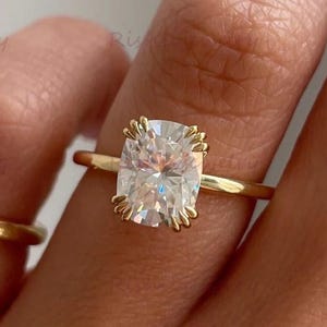 Elongated Cushion Cut 2 Ct Moissanite Diamond Solitaire Ring, Double Claw Prong Design, Perfect Engagement and Wedding Gift for Women