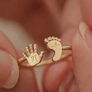 Gold Baby Handprint Footprint Ring, Personalized Newborn Keepsake Jewelry, Adjustable Minimalist Mom Gift, Perfect Baby Shower Gift