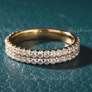 Dubbelrad pave alliancering | Moissanitring i massivt guld | Elegant stapelbar vigselring | Minimalistisk guldring för kvinnor | Julklapp