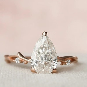 Pear Cut Moissanite Leaf Branch Ring in 14K Rose Gold, Nature Inspired Engagement Ring, Unique Promise Ring Gift for Her