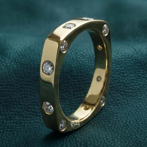 Round Moissanite Square Band Solid Gold Flush Set Eternity Ring Minimalist Euro Shank Handmade Bridal Jewelry Fall Gift