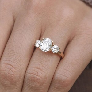 2.00 CT Oval Cut Three Stone Moissanite Engagement Ring, 14K Yellow Gold Finish Solitaire Bridal Wedding Ring Gift for Her