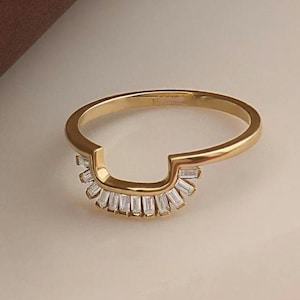 Moissanite Square Curved Wedding Band, Solid 14k Gold Ring Enhancer for Women, Half Square Stacking Band, Emerald Cut Engagement Ring Gift