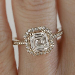 Asscher Cut Moissanite Engagement Ring, Vintage Halo Ring with Side Pave, Delicate Promise Ring, Anniversary Gift for Her