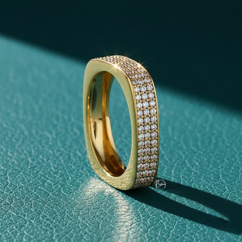 Modern solid gold pavé moissanite band ring with geometric square shape and minimalist statement design