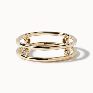 Minimalist Double Band Diamond Ring – 14K Gold Open Band Ring, Modern Bezel Set Stacking Ring, Dainty Geometric Jewelry, Gift for Her