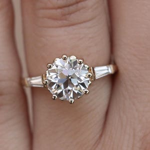 Vintage Moissanite Engagement Ring, Round Cut with Tapered Baguette, Antique 70s Style, Promise or Anniversary Gift for Her